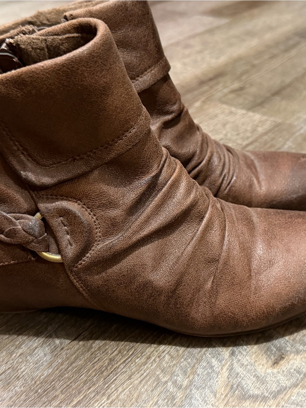 BareTraps Brown Leather Ruffled Ankle Booties with Ring Accent